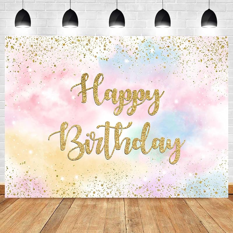 1pc Rainbow Birthday Backdrop Vibrant Pastel Clouds Birthday Party Decor Banner Shimmering Gold Dots Adorn Watercolor Rainbow Bi 150x100CM