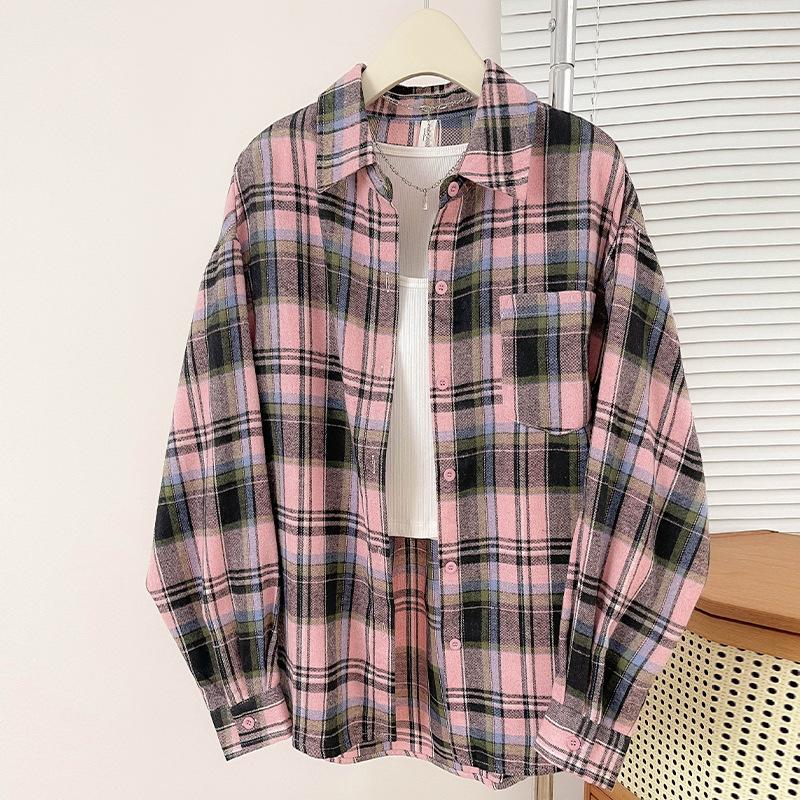 Spring and Autumn New Korean Retro Casual Style Shirt Jacket Women's Simple Design Commuter Versatile Plaid Shirt