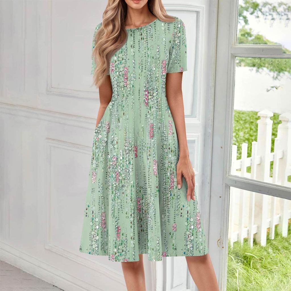 Women's Casual Fashion Round Neck Short Sleeve Floral Printed Midi Dresses