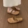 Women's Half Slippers  Spring Summer New Vintage Fly Weave Baotou Flats Fashion Square Button Slip on Outdoor Casual Sandals