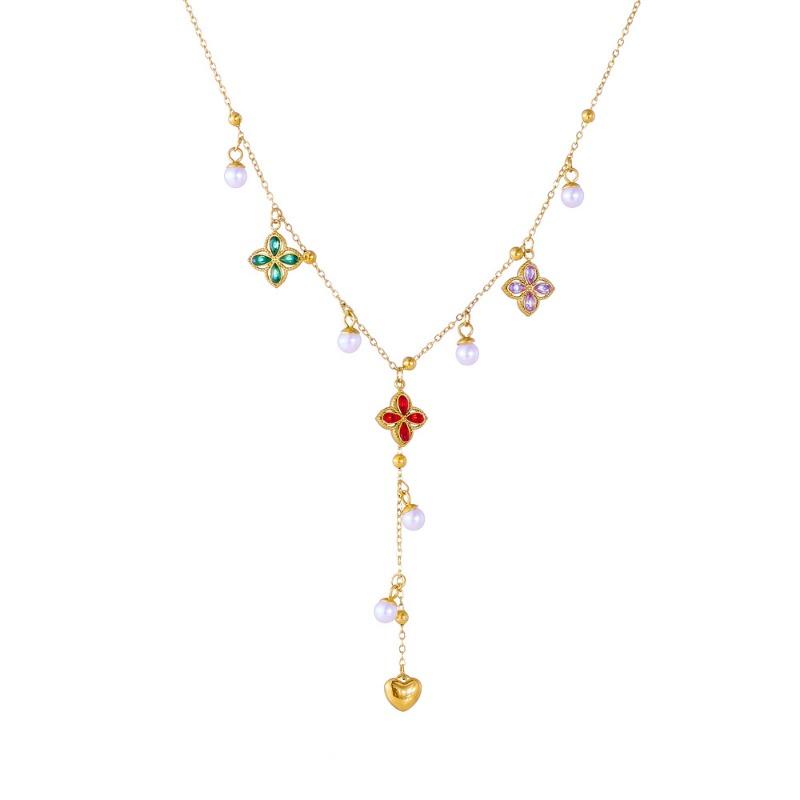 18K Gold Plated Four Leaf Clover Pearl Y-Drop Necklace, Dainty Colorful Zircon Station Choker for Women, Trendy Jewelry