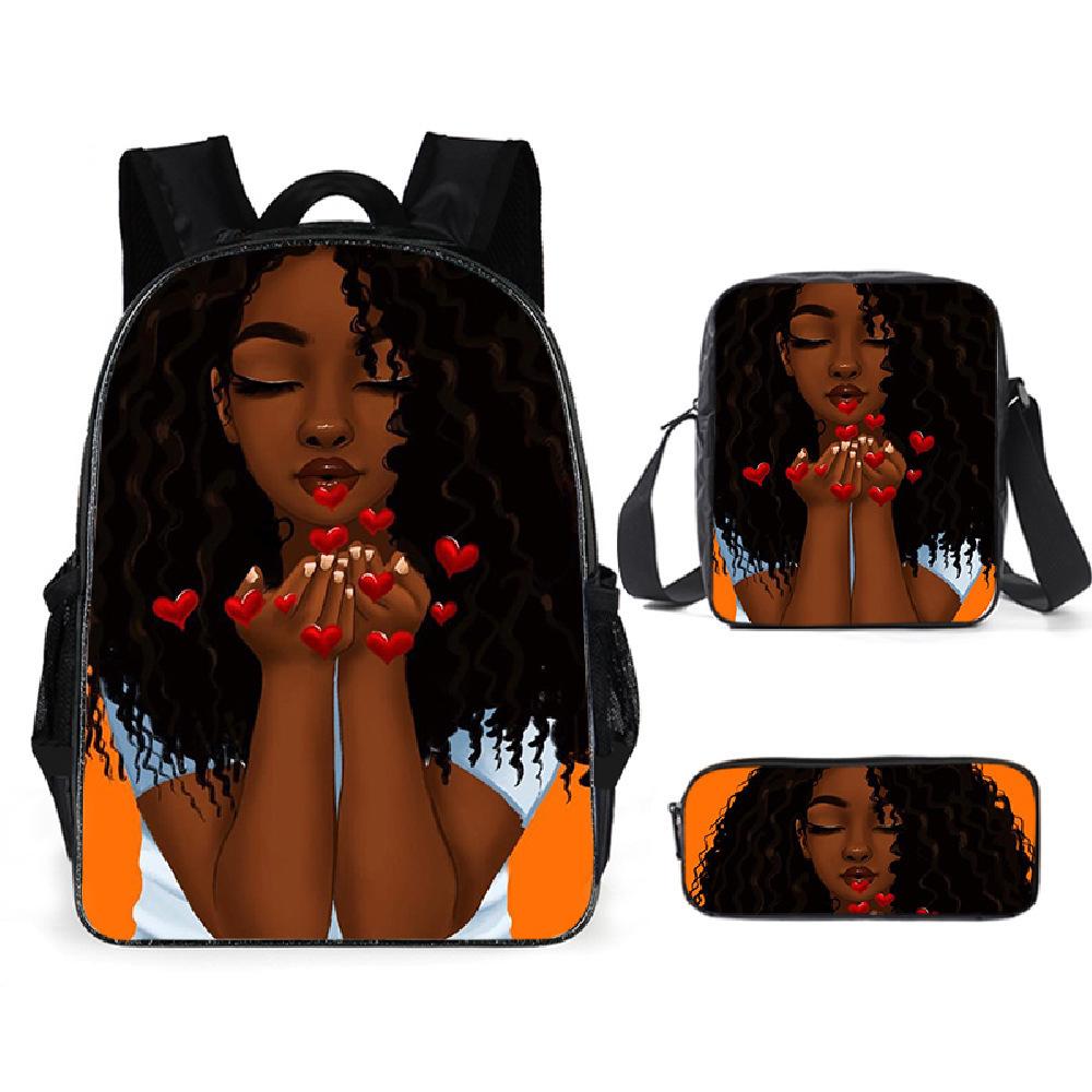 Cartoon African Girl Schoolbag, Primary And Secondary School Backpack, Backpack Three-Piece Set