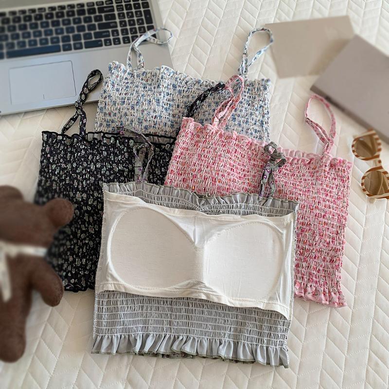 Dámský crop top tílko květinové plisované vestička s vycpávkou na prsa