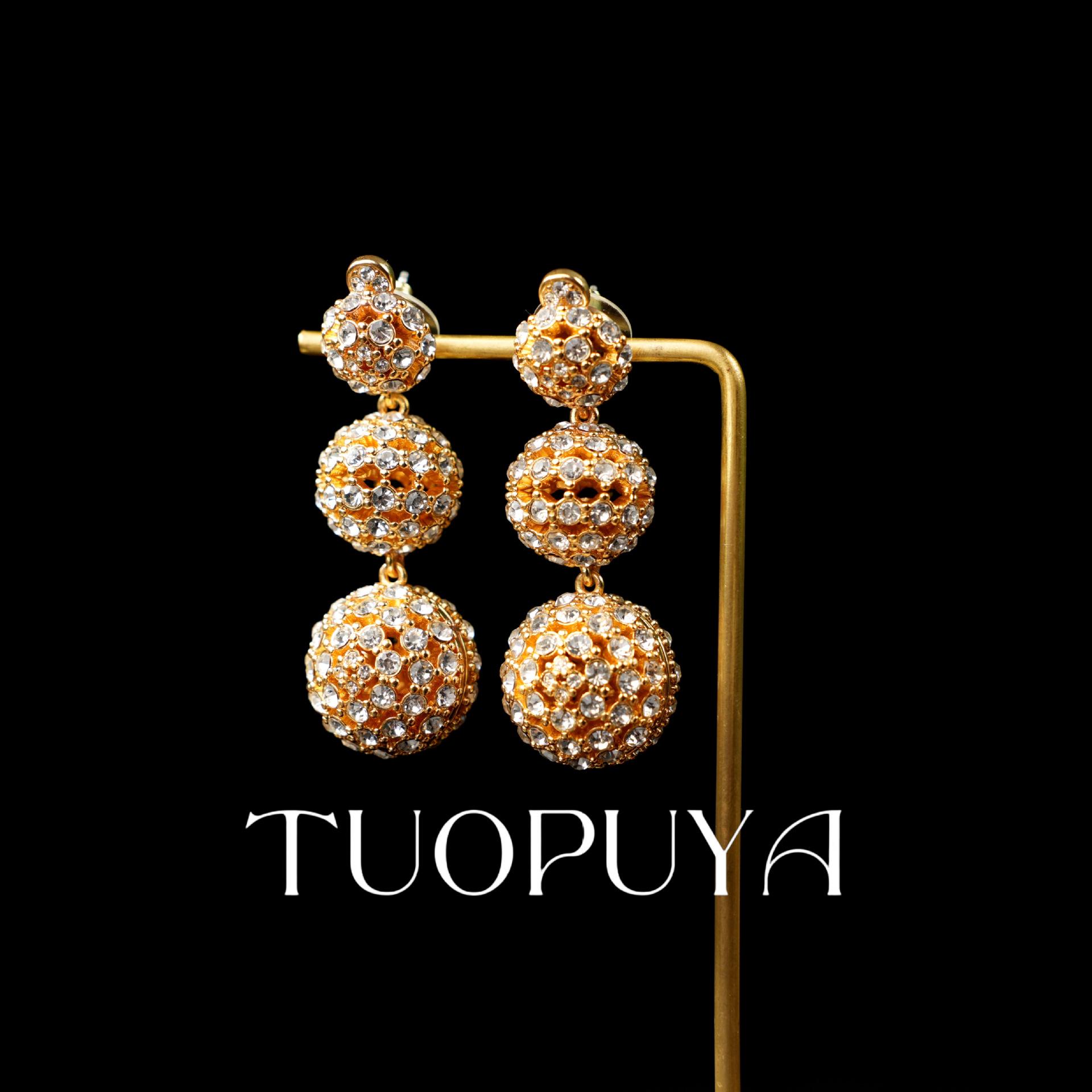 Gold-Plated Diamond Ball Earrings - Modern Long Stud Design