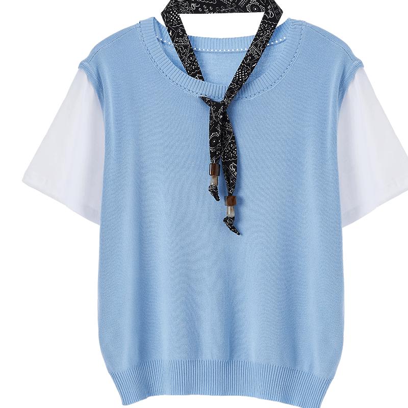Baitu Women's Faux Two-Piece Short Sleeve Knit Top