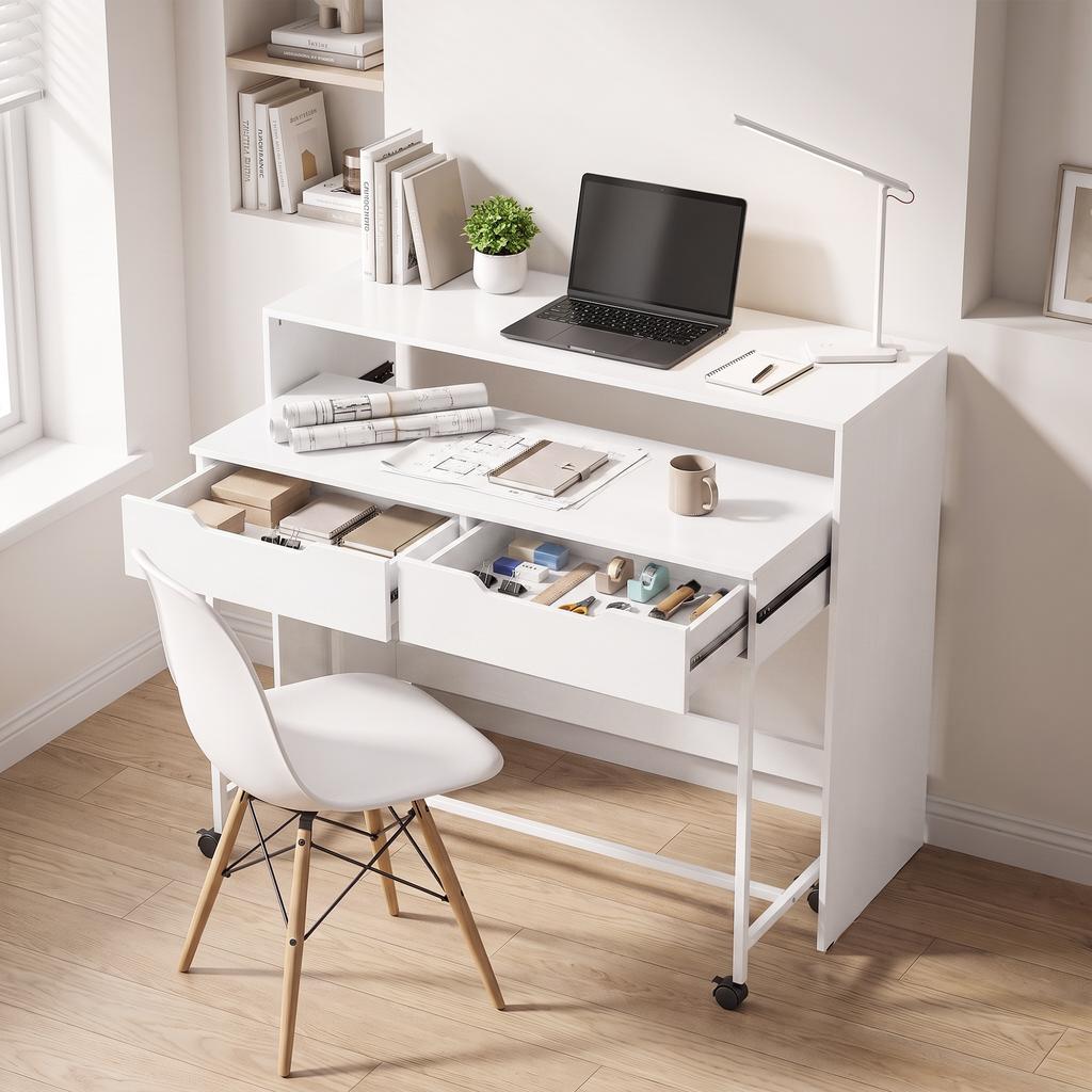 Extendable Computer Desk, 100 cm, 2 Drawers, Storage, White