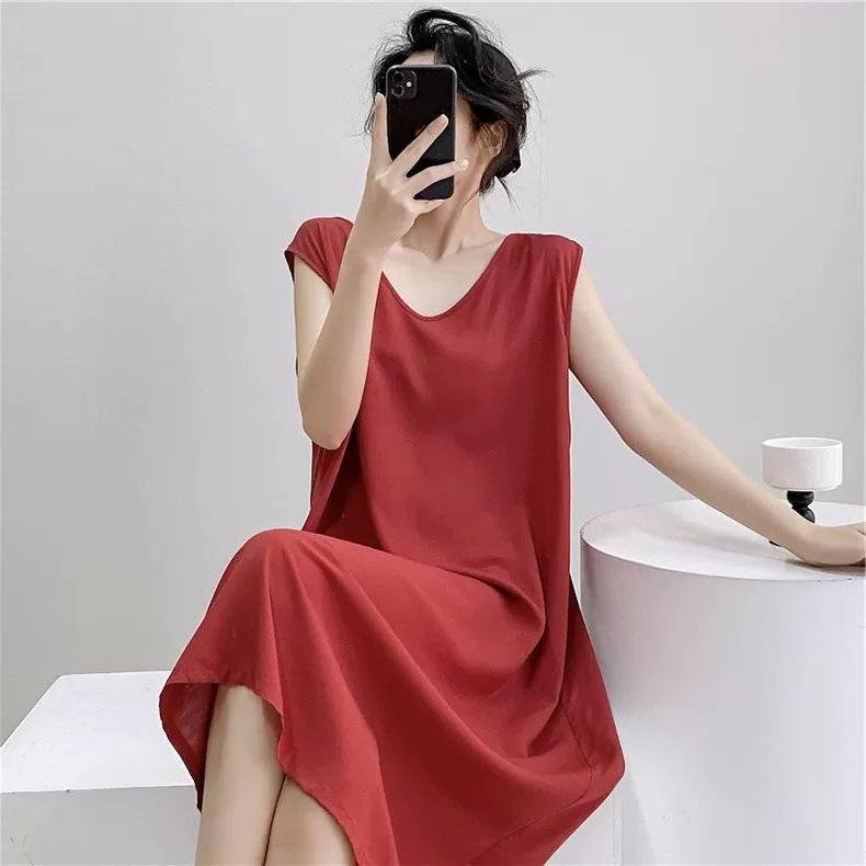 Large Size Loose Long Nightgown Simple Lazy Style Printed Sleeveless Tank Dress Sexy V-Neck V-Back Home Clothes Loungewear