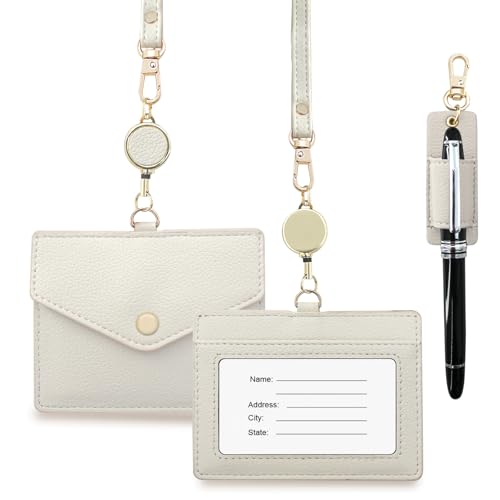 boshiho Name Tag Case, Neck Hanging, Stylish, Horizontal, Double-Sided, Reel, Pen Holder, Neck Strap Included, Genuine Leather, ID Card Holder