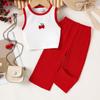 Girls' Fashionable Outfit - Summer Children's Casual Cherry-colored Pullover Top + Wide-leg Pants Set