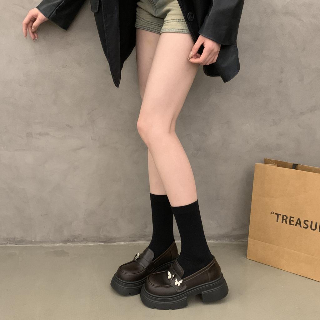 Retro Polished Small Leather Shoes Women's 2025 Spring New British Style Butterfly Versatile Thick Heel Platform Heightening Loafers