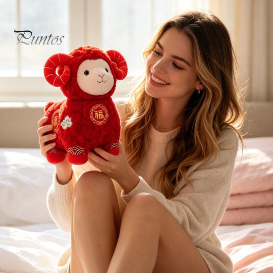 Chinese New Year Auspicious Decor Sheep Plush Toy, Zodiac Mascot Lamb Doll with Festive Fu Cute Curly Animal Character, for Lunar Decoration