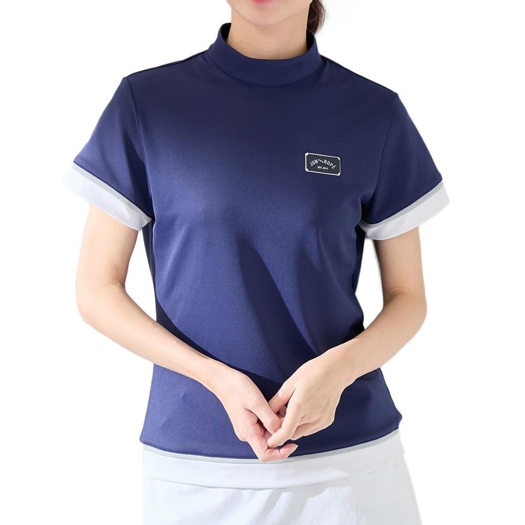 Jun Rope Mock Neck Short Sleeve Pullover in Navy with UV Quick Cooling and Design & Women's Color-Combo (40) Protection, Drying, Touch,