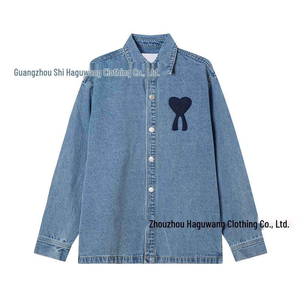 AMI CLAMS 25 Wiosna/Jesień Dżinsowa Kurtka z Haftowanym Sercem - Unisex Luźny Krój Codzienna