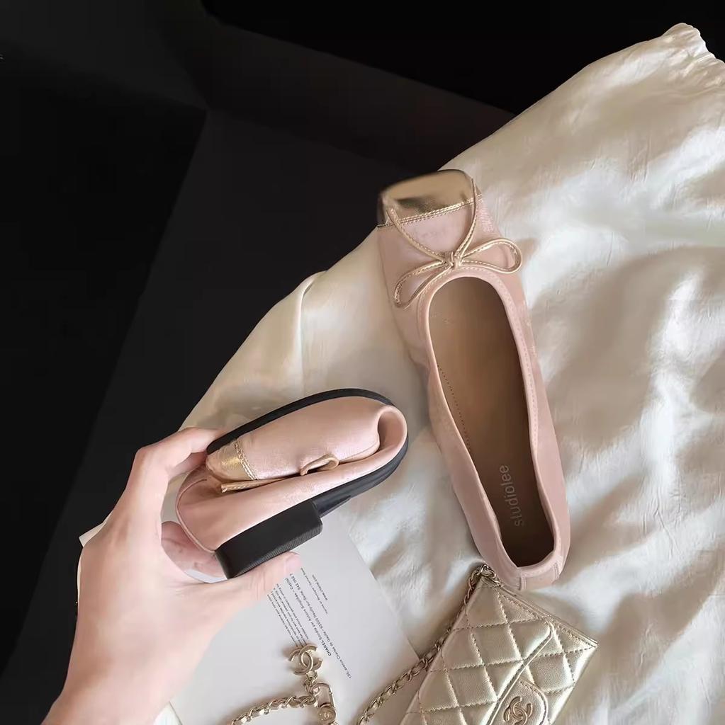 Sheepskin version~ genuine leather French retro flat-bottomed ballet shoes women's head pedal bow single shoes grandma shoes