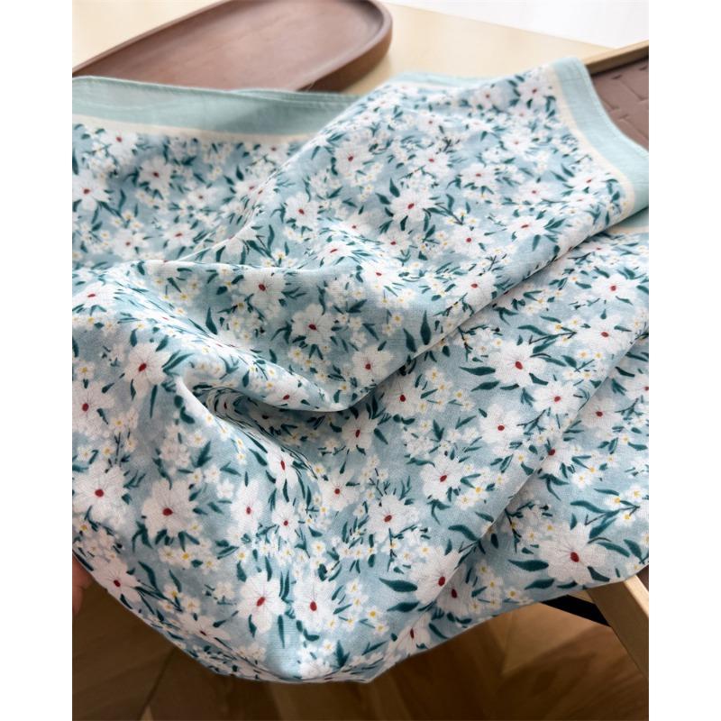 Fresh Floral Printed Cotton Small Square Scarf For Women