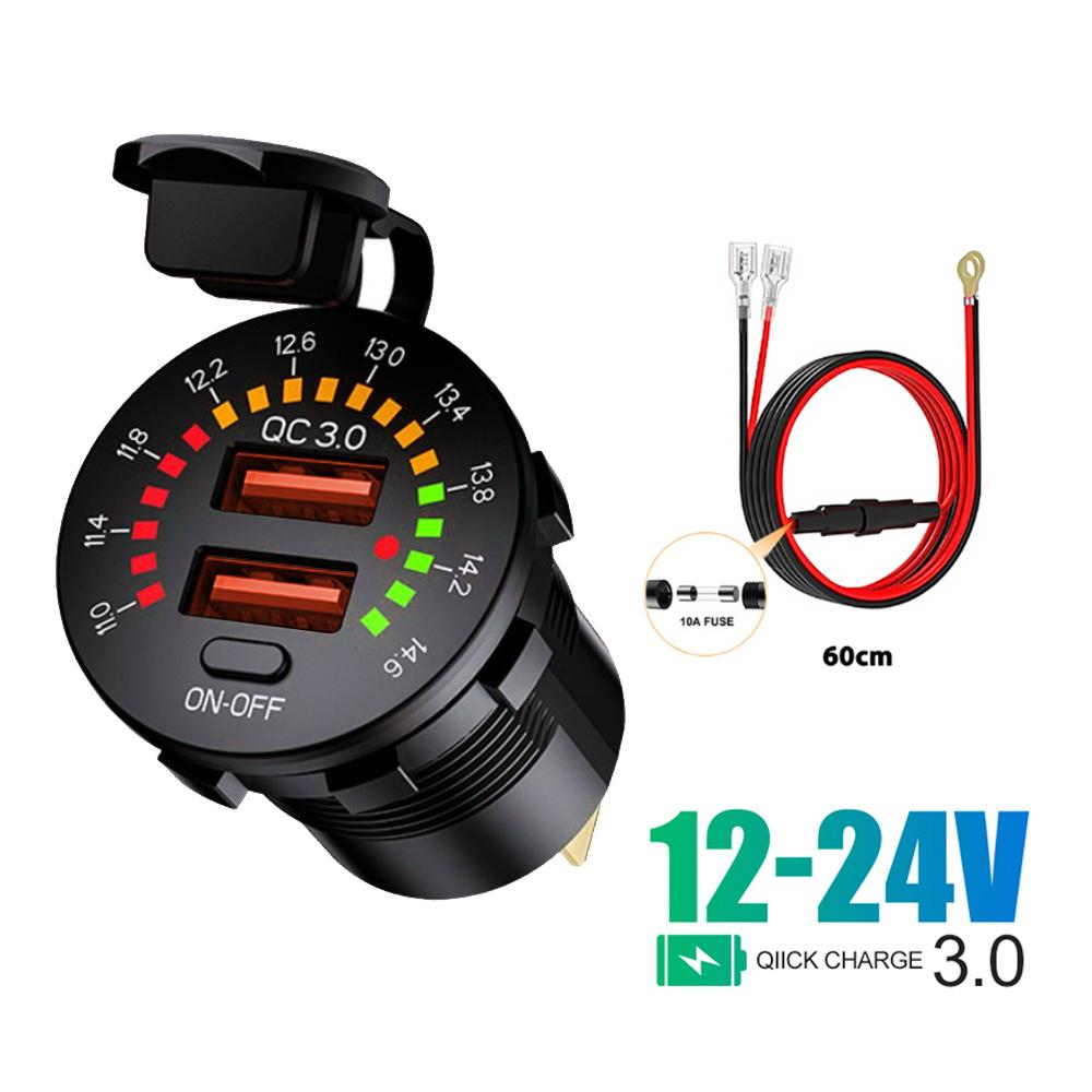 36W Dual USB Charger Socket with LED Voltmeter ON OFF Switch QC3.0 PC Type C Waterproof USB Outlet Fast Charger for 12V/24V Car
