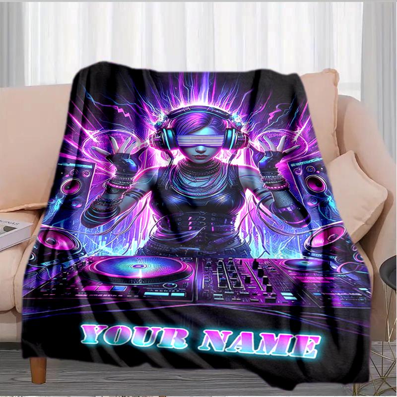 1PC Custom Name Neon Cyberpunk DJ Vibes flannel blanket versatile,all-season throw suitable for the living room,bedroom,camping,travel,and gift