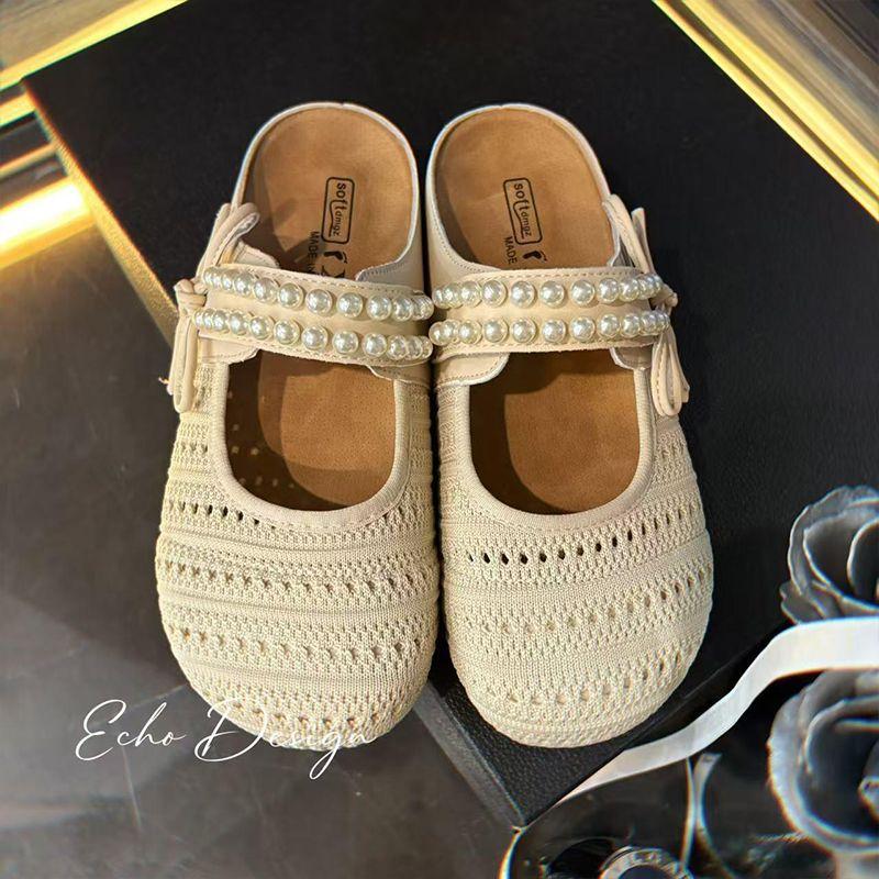 

Fashion Bow Pearl Mules Women s Summer Half Slippers Thick Bottom Fashion Woven Lazy Cool Slippers Flats Round Toe Weave Ballet Shoe 40