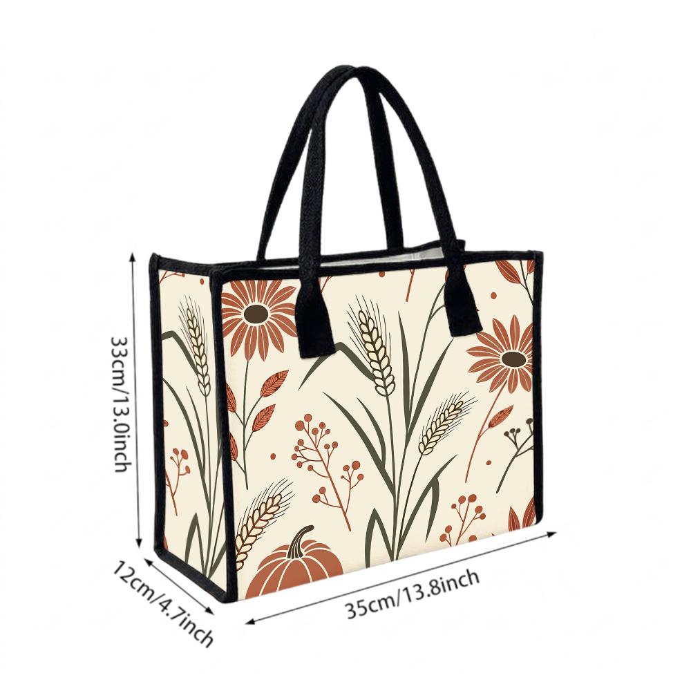 Fall Floral Wheat Pumpkin Tote Bag Casual Large Capacity Reusable Daily Handbag for Women Autumn Outdoor Shopping Travel