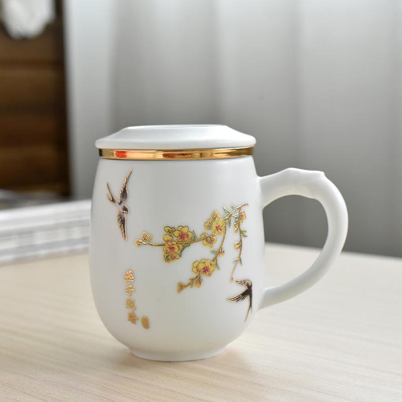 White Porcelain Tea Cup With Lid Office Tea Separation Teacup With Filter Cup Lettering Customized Gift Box