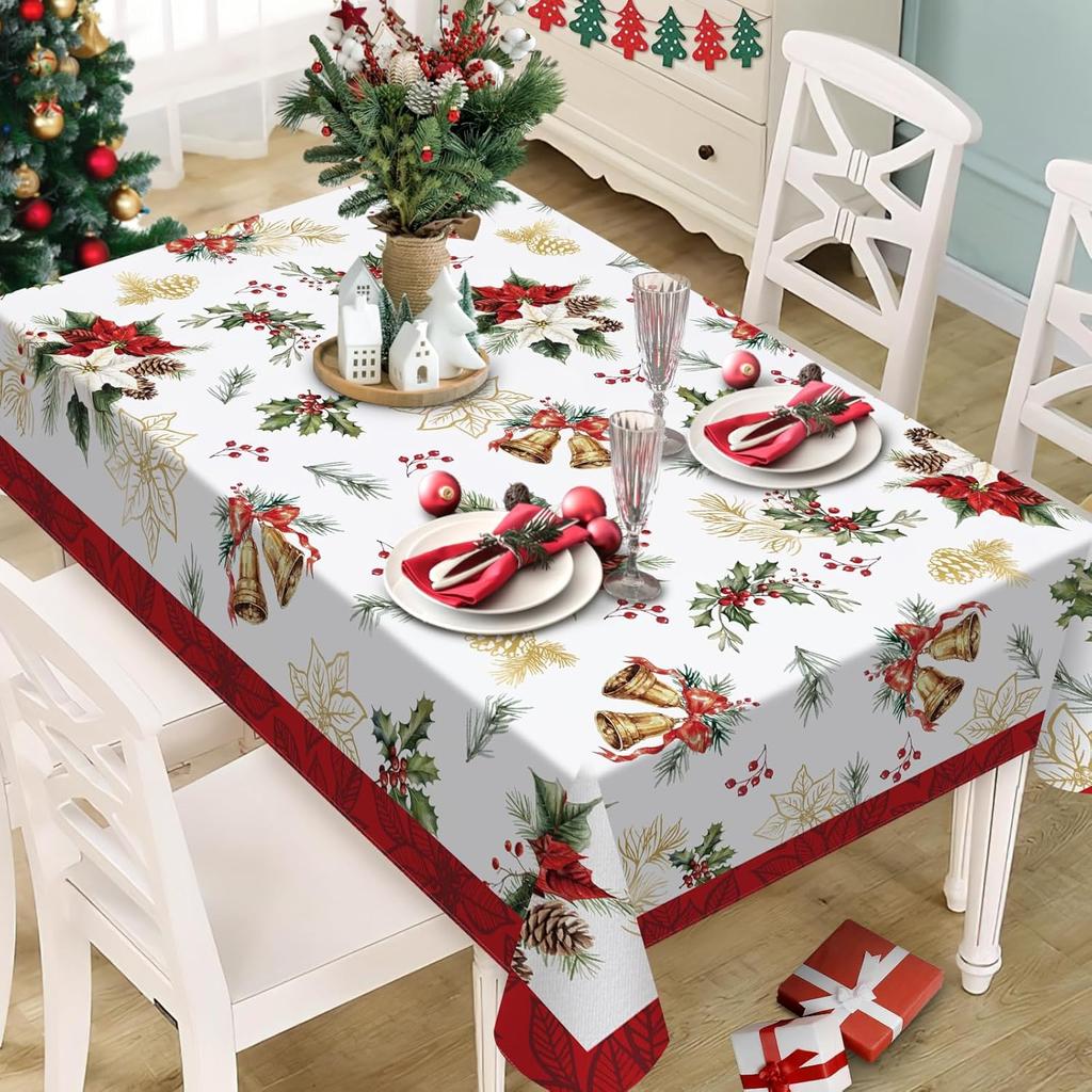 Christmas Poinsettia Holly Berry Rectangle Tablecloth for Table Decor Xmas Ball Pinecone Print Table Cloth Christmas Decorations