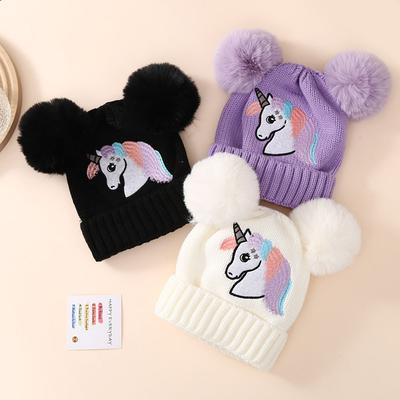 Beanie mit Einhorn-Muster, bestickt, für Kleinkinder, Babys, Strickmütze, Wintermütze mit Bommel, warme Mütze für Jungen und Mädchen im Alter von 1–4 Jahren