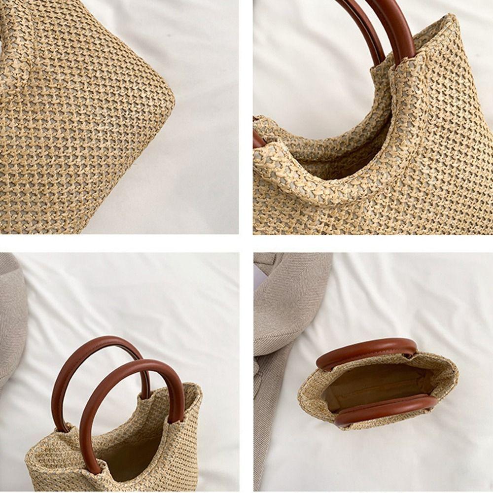 Capacity Bohemian Grocery Handbags Pu Leather Weave Beach Bag Women Handbag Shoulder Bag Straw Bag