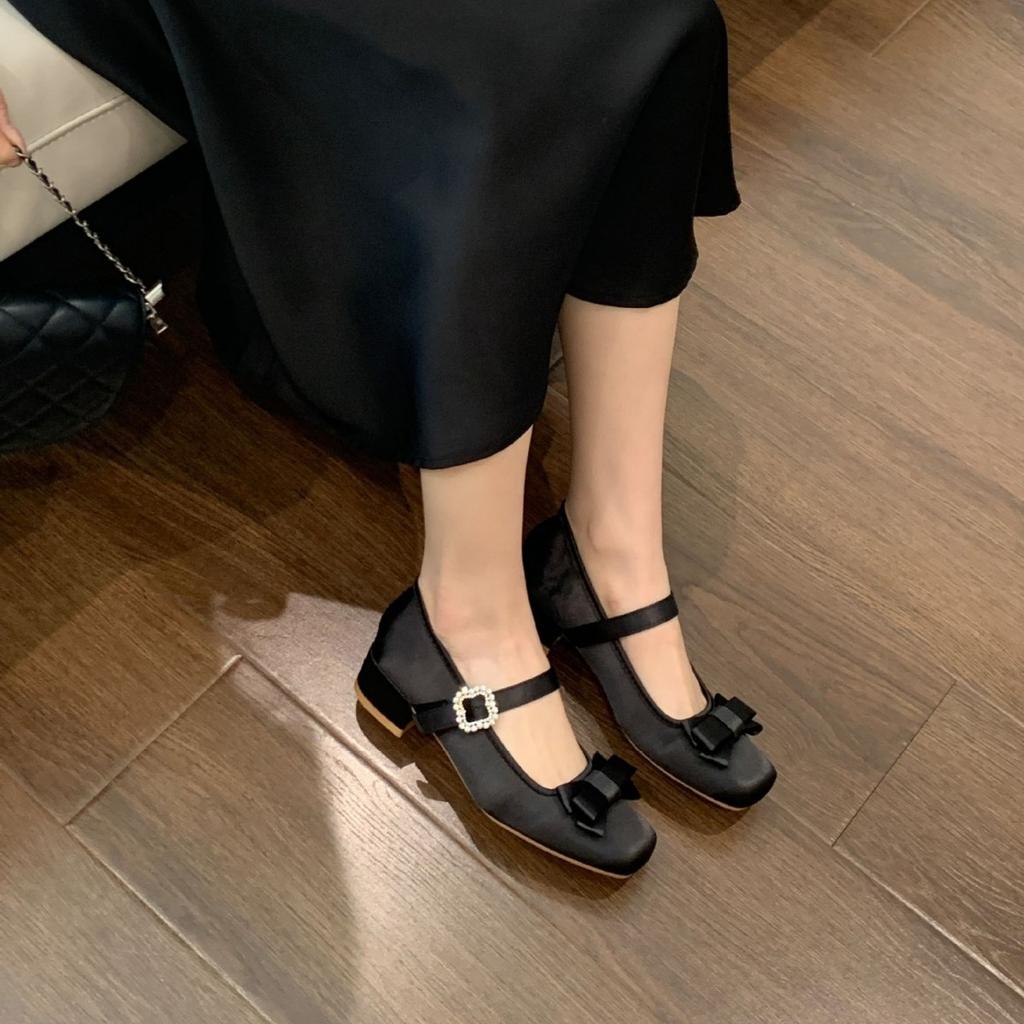 Sweet bow high-heeled Mary Jane shoes women's spring 2025 new one-word buckle belt with skirt light mouth single shoes
