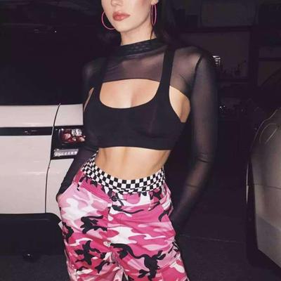 Top Cropped Sexy de Verão Transparente Preto de Manga Comprida Feminino