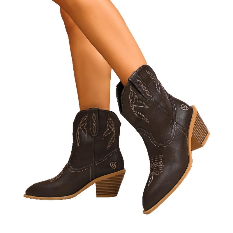 Broderade damkängor till mitt på vaden - Klumpiga kängor med medelhög klack och slapp passform med påtrassningsdesign, Casual kängor med bred passform för damer