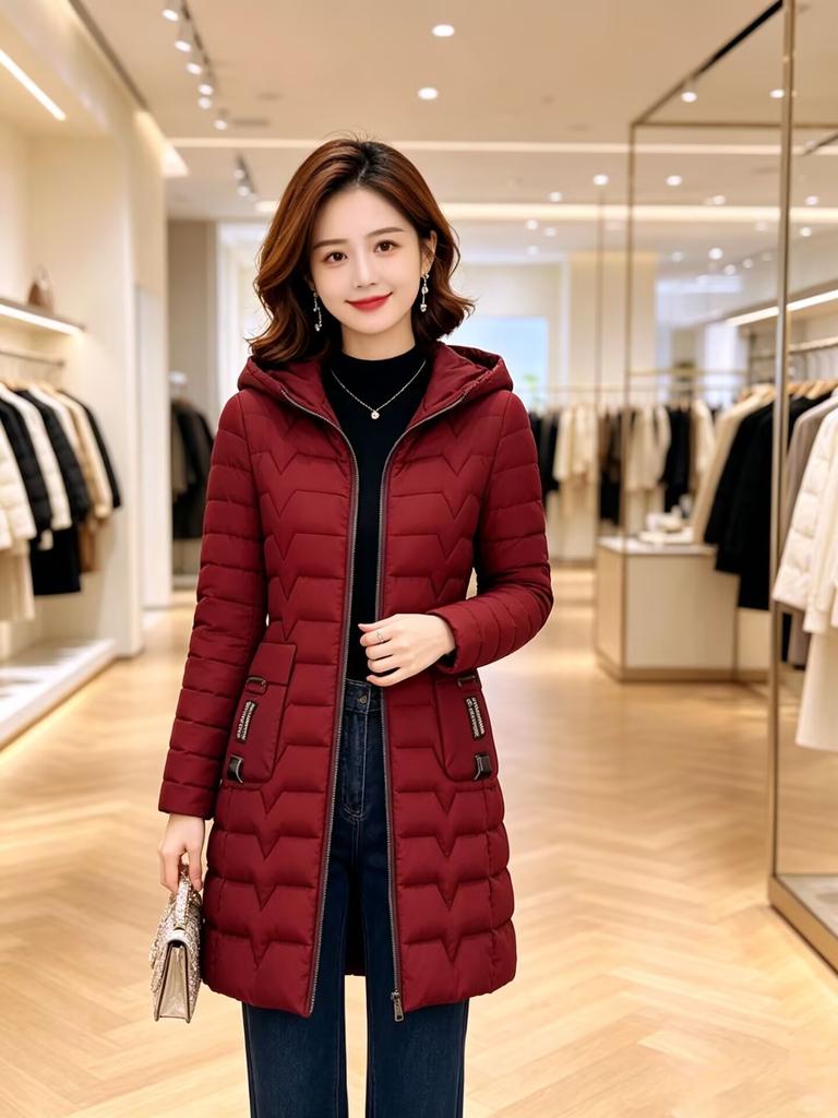Medium and long down cotton-padded clothes, women's slim-fit hooded cotton-padded clothes, winter warm jackets, and mother's large-size cotton-pad