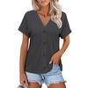 Women Fashion Short Sleeve V Neck Solid Button Down Casual T Shirt