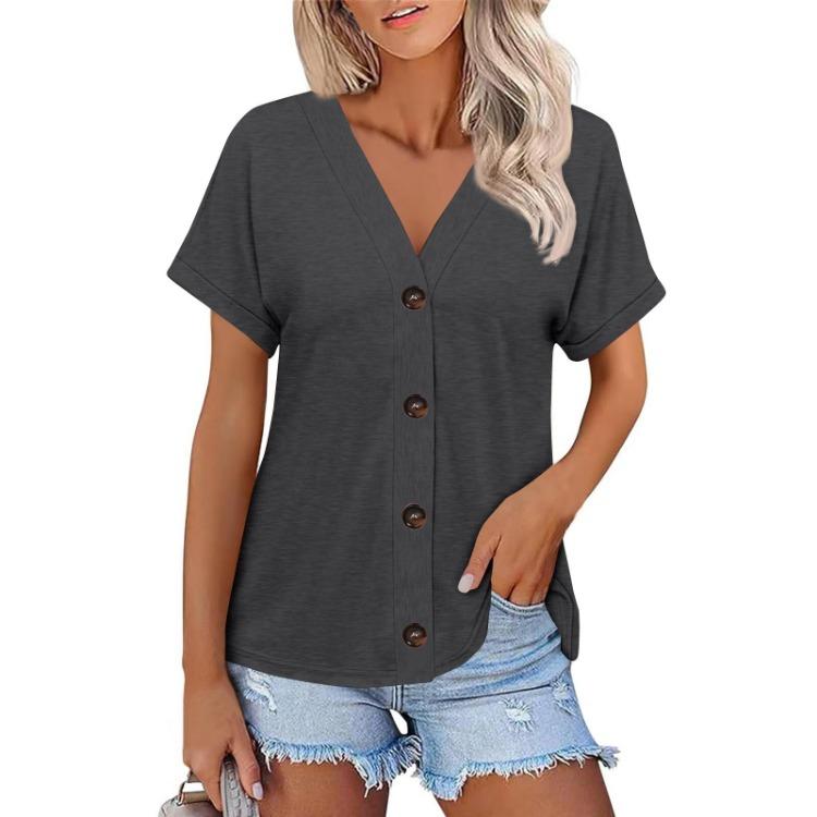 Women Fashion Short Sleeve V Neck Solid Button Down Casual T Shirt