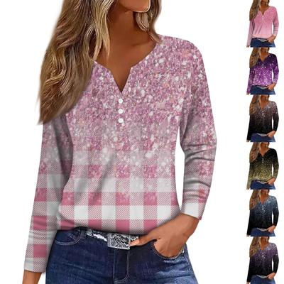 Dámske tričko tričko s gombíkom kvetinová potlač s dlhým rukávom na denný víkend móda Základný top s výstrihom do V
