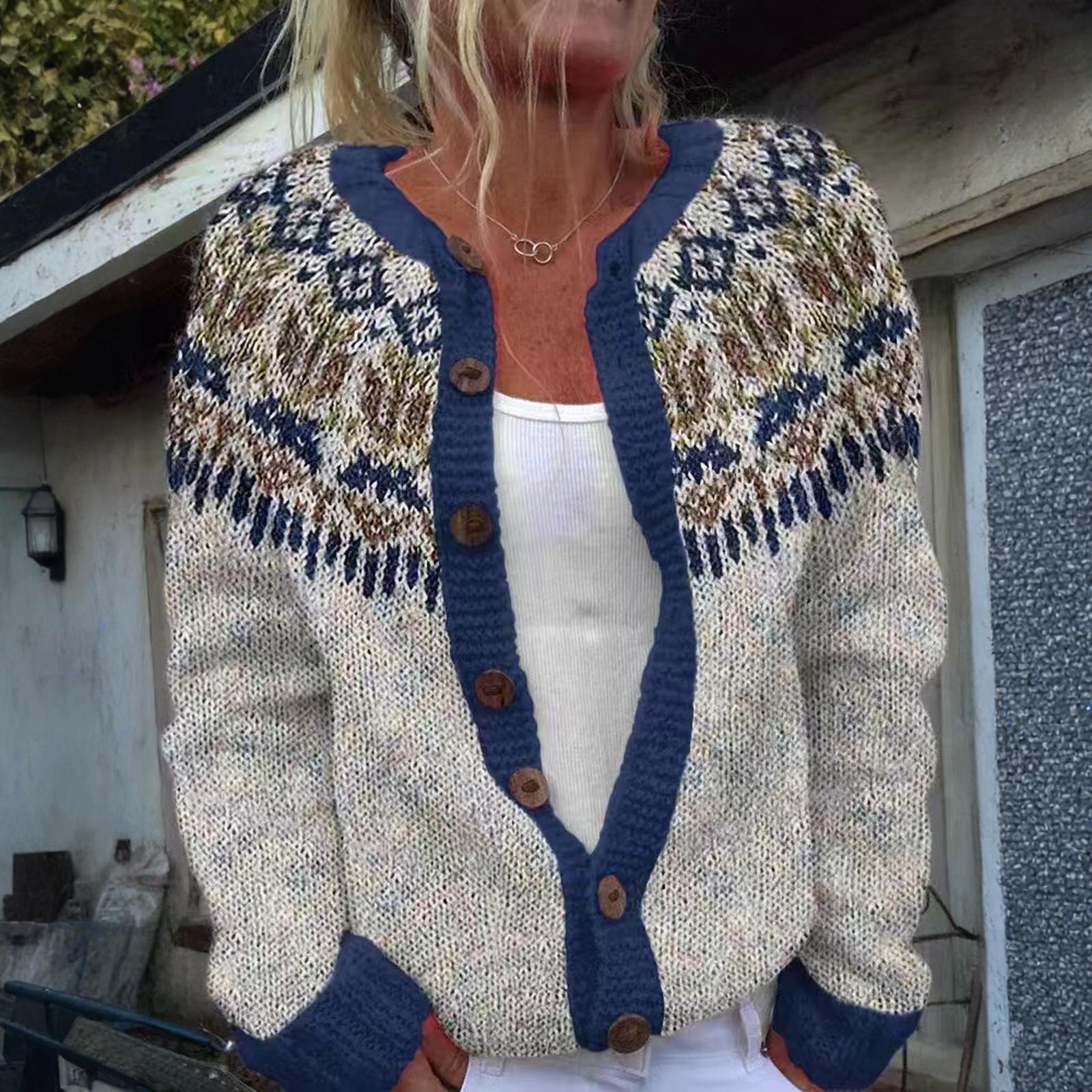 

Кардиганы в стиле Fair Isle для женщин, с круглым вырезом, свободного кроя, на пуговицах, объемный свитер, с открытой передней частью, повседневная вязаная куртка на осень M