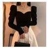 Vintage Square Collar Puff Sleeve Women Blouse Black Sexy Elegant Temperament Long Sleeve Top Spicy Girl V-neck Casual Ssummer