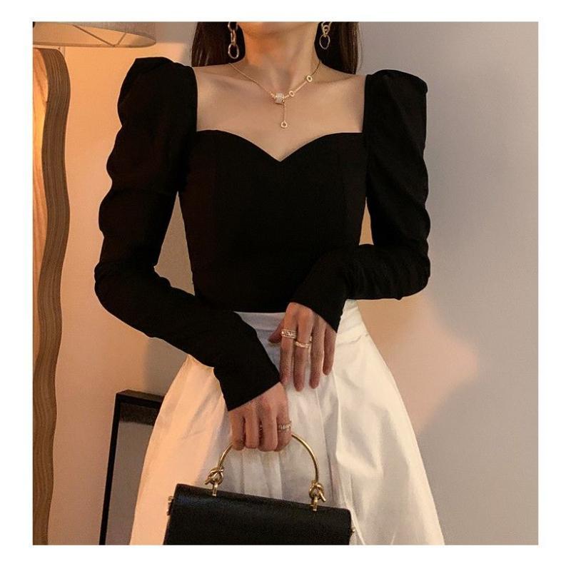 Vintage Square Collar Puff Sleeve Women Blouse Black Sexy Elegant Temperament Long Sleeve Top Spicy Girl V-neck Casual Ssummer