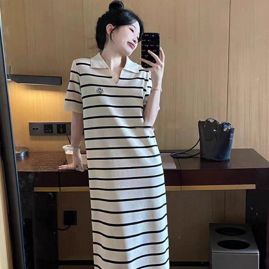 2024 Summer Striped Ice Silk Knit Polo Dress – Loose & Fashionable Design