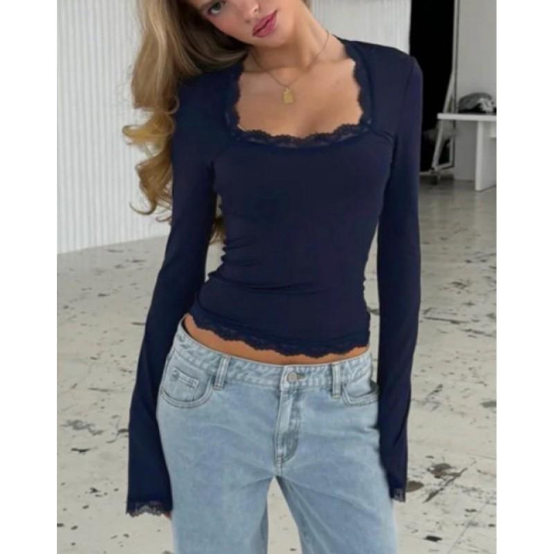 Haut pour femme à manches longues, col en U, côtelé, bordure en dentelle, coupe sexy, Streetwear, Automne Hiver 2026