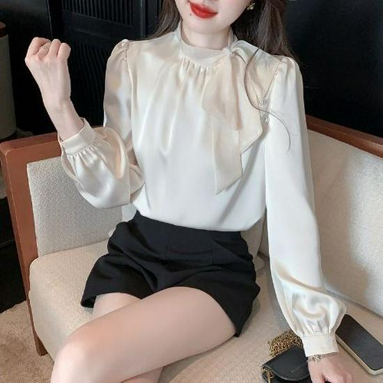 Women's French Bow Chiffon Blouse - Elegant Long Sleeve Top for Spring and Autumn.