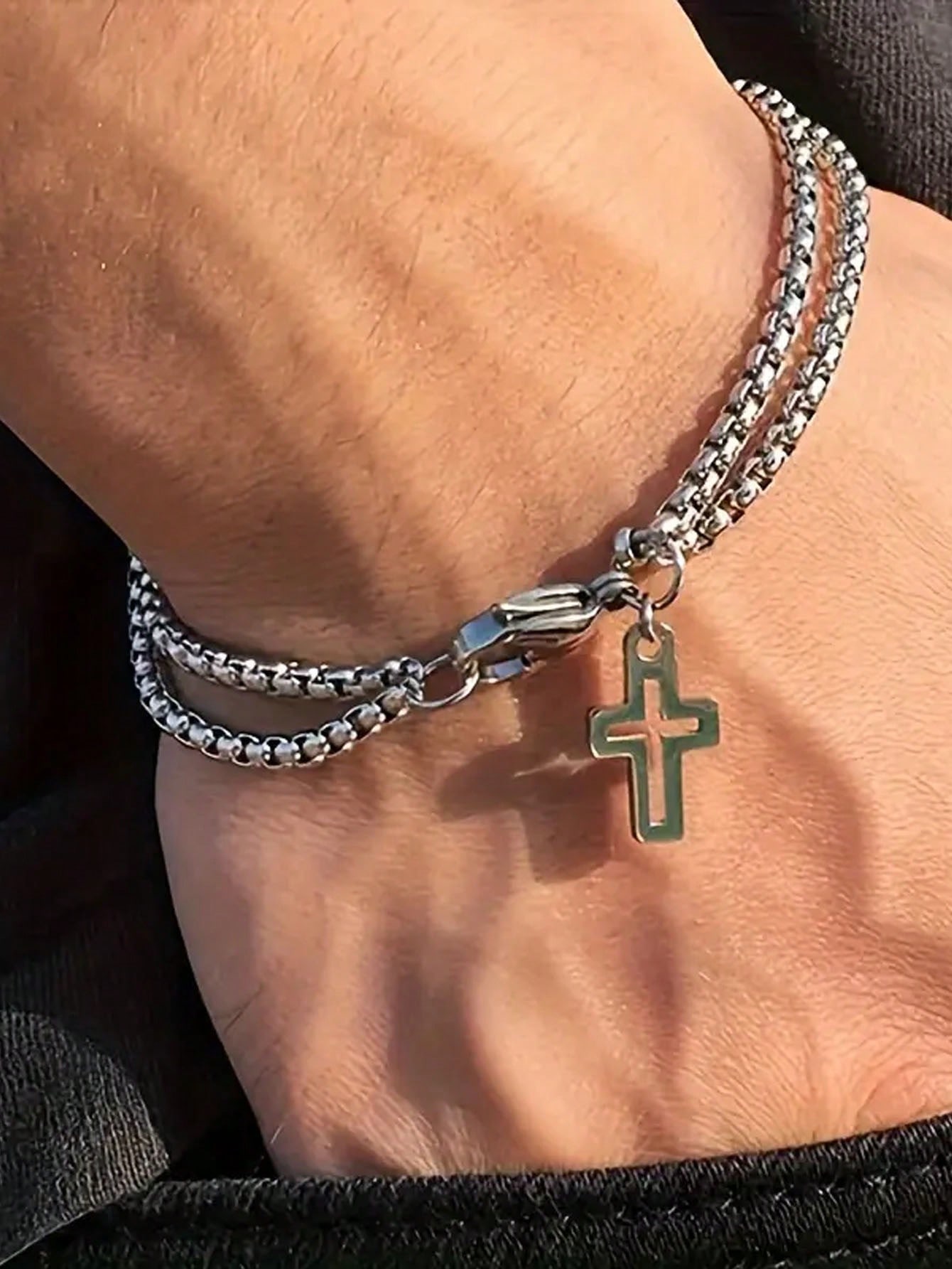 

Модный винтажный браслет из нержавеющей стали с крестом и двойной цепочкой из драконьей кости для мужчин Silver разноцветный