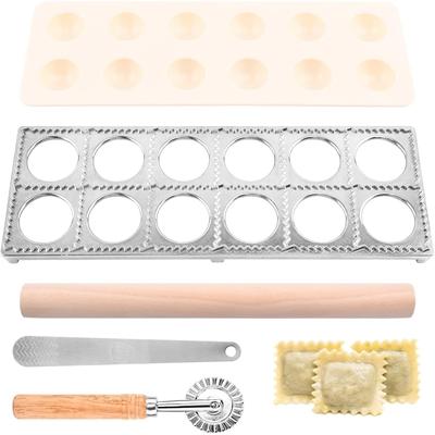 Ravioli Press Mold Set,12 Holes Ravioli Maker Press,1 X Pasta Cutter Stamp Maker,1xWood Rolling Pin Pasta Making Tools,1x Filling Spoon,for Ravioli