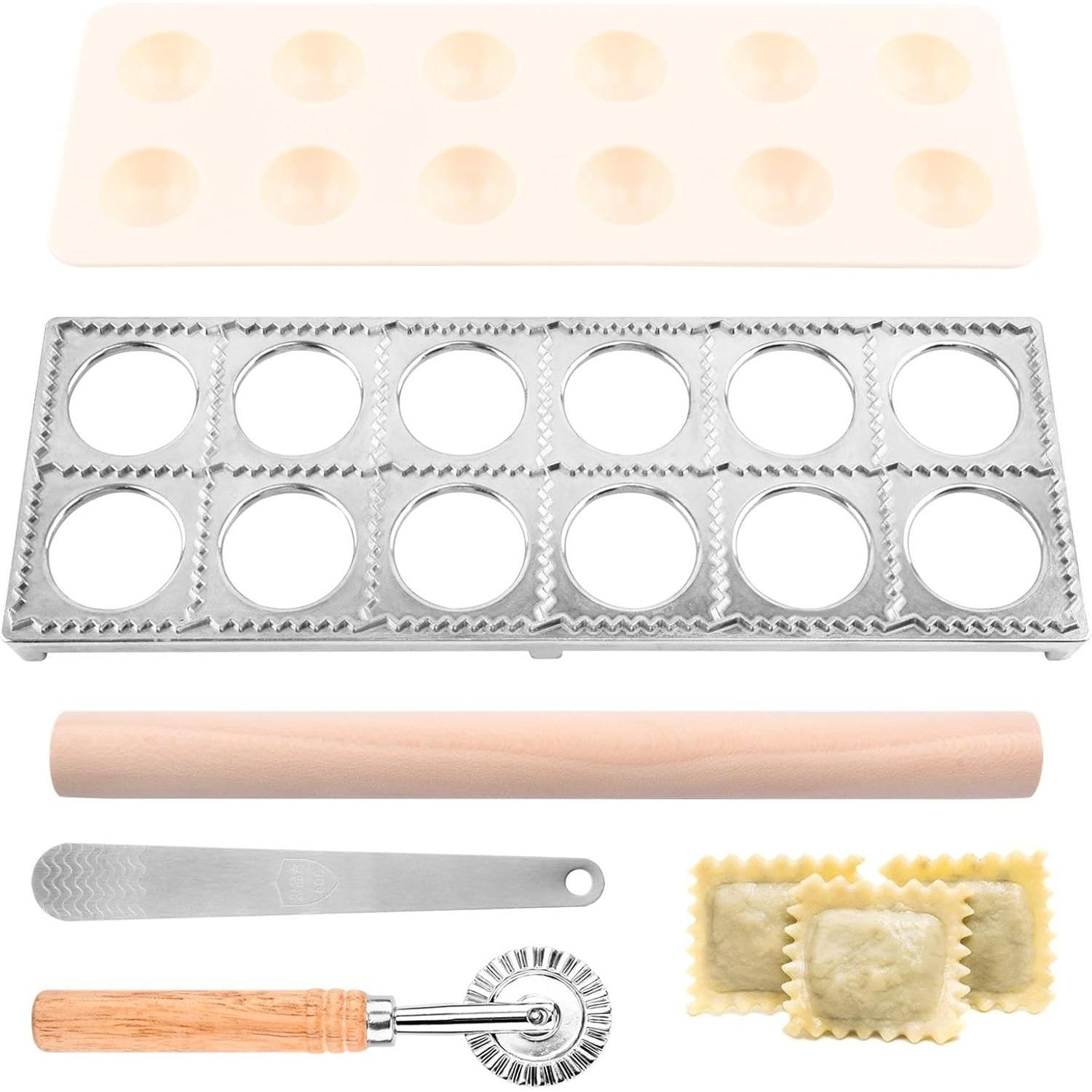 Ravioli Press Mold Set,12 Holes Ravioli Maker Press,1 x Pasta Cutter Stamp Maker,1xWood Rolling Pin Pasta Making Tools,1x Filling Spoon,for Ravioli z001