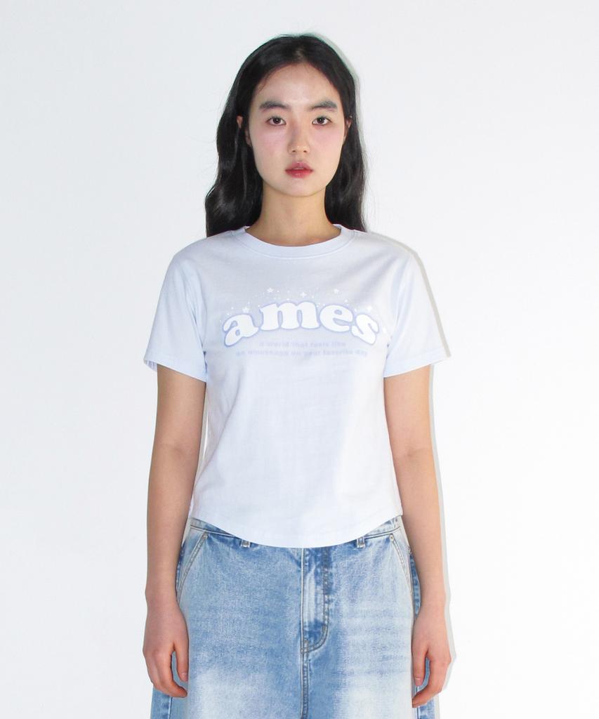 AMES-WORLDWIDE Shining Ames Round Hem Crop Tee Blue