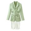 Womens Striped Collared Blazer With Detachable Fringe Belt Cotton Blend Korean Style Jacket
