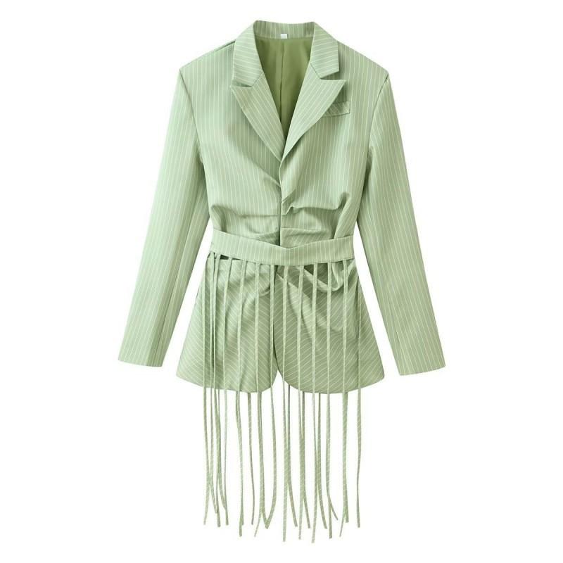 Womens Striped Collared Blazer With Detachable Fringe Belt Cotton Blend Korean Style Jacket