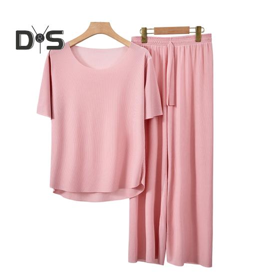 

Комплект из 2 предметов: летняя пижама, футболка с коротким рукавом и круглым вырезом, эластичный пояс, длинные брюки, однотонная пижама из ледяного шелка XXXL розовый
