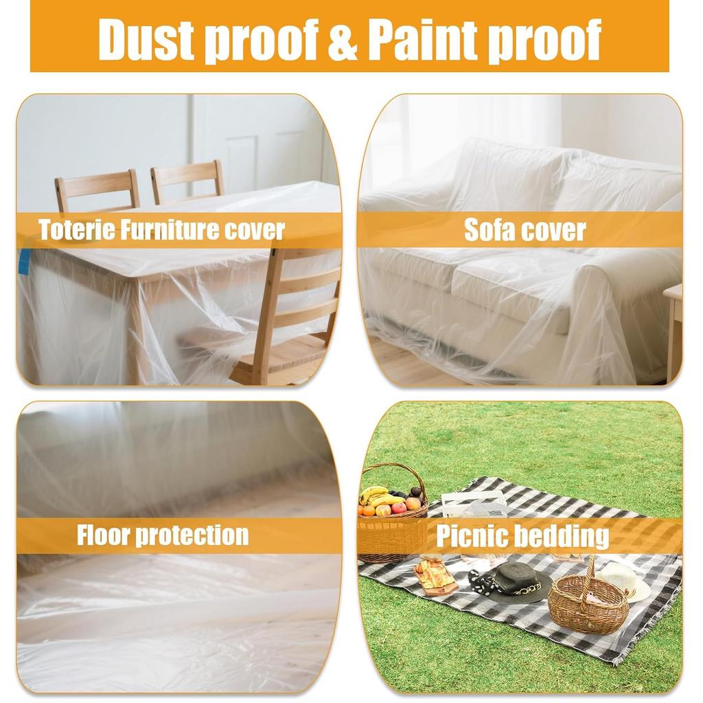 Protective Pre-Taped Masking Film, Dust-Proof Paint Cover for Car, Furniture, and Floor Protection