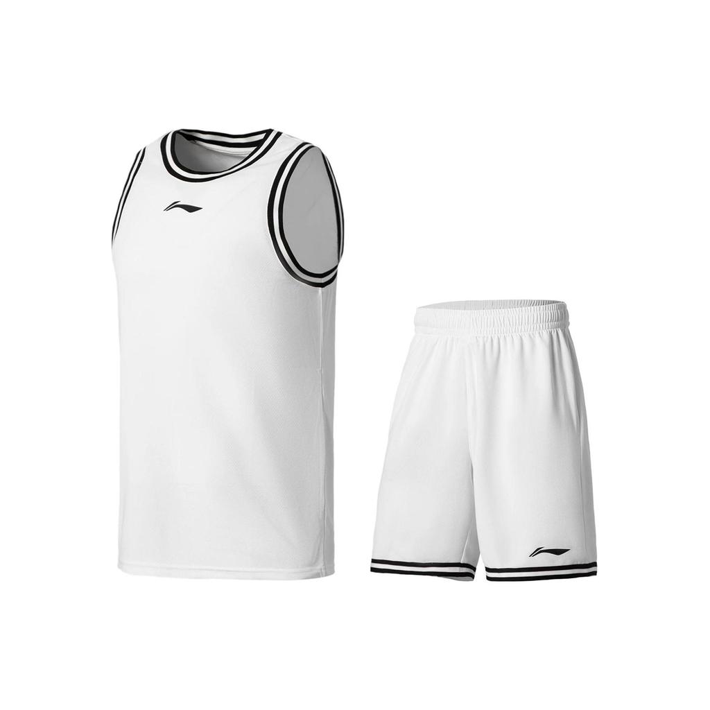 Li Ning Sports Basketball Series Logo Print Striped Round Neck Vest Shorts Set Men Sportswear White AATS003-4