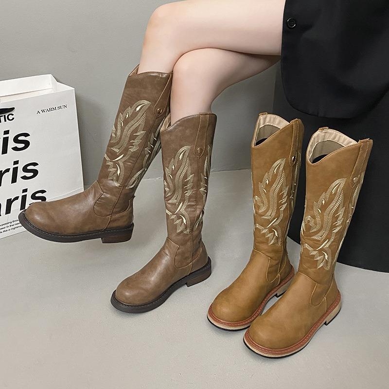 Brown Western Cowboy Boots Women's Long Boots New Spring and Summer Tall Knight Boots Travel But Knee Boots